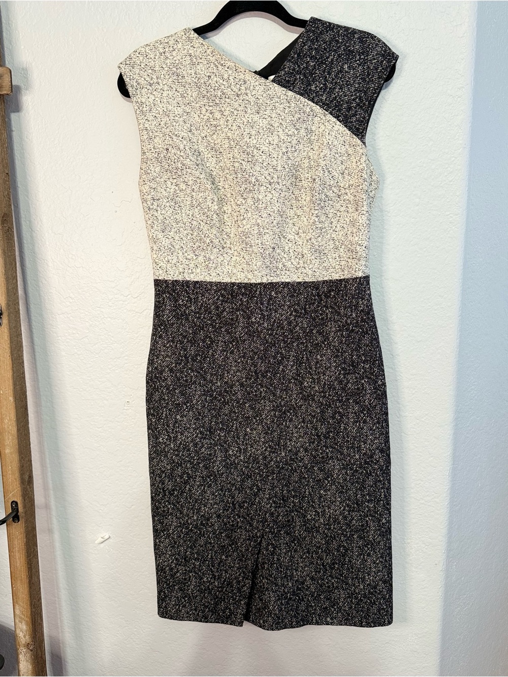 Boss One-Shoulder Black and Ivory tweed Sheath Dress